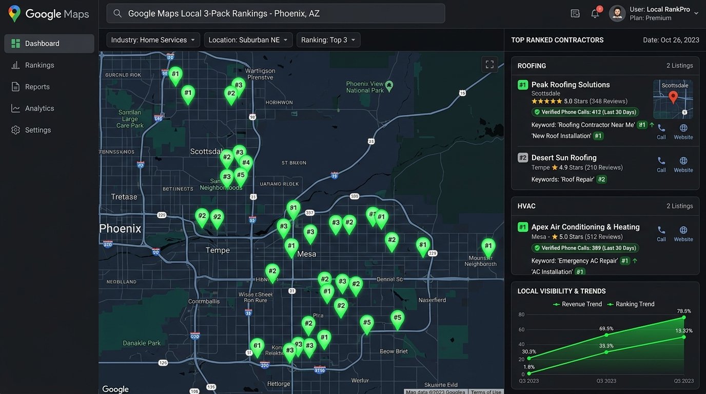 Google Maps 3-Pack ranking proof with green number 1 pins and keyword positions for contractors