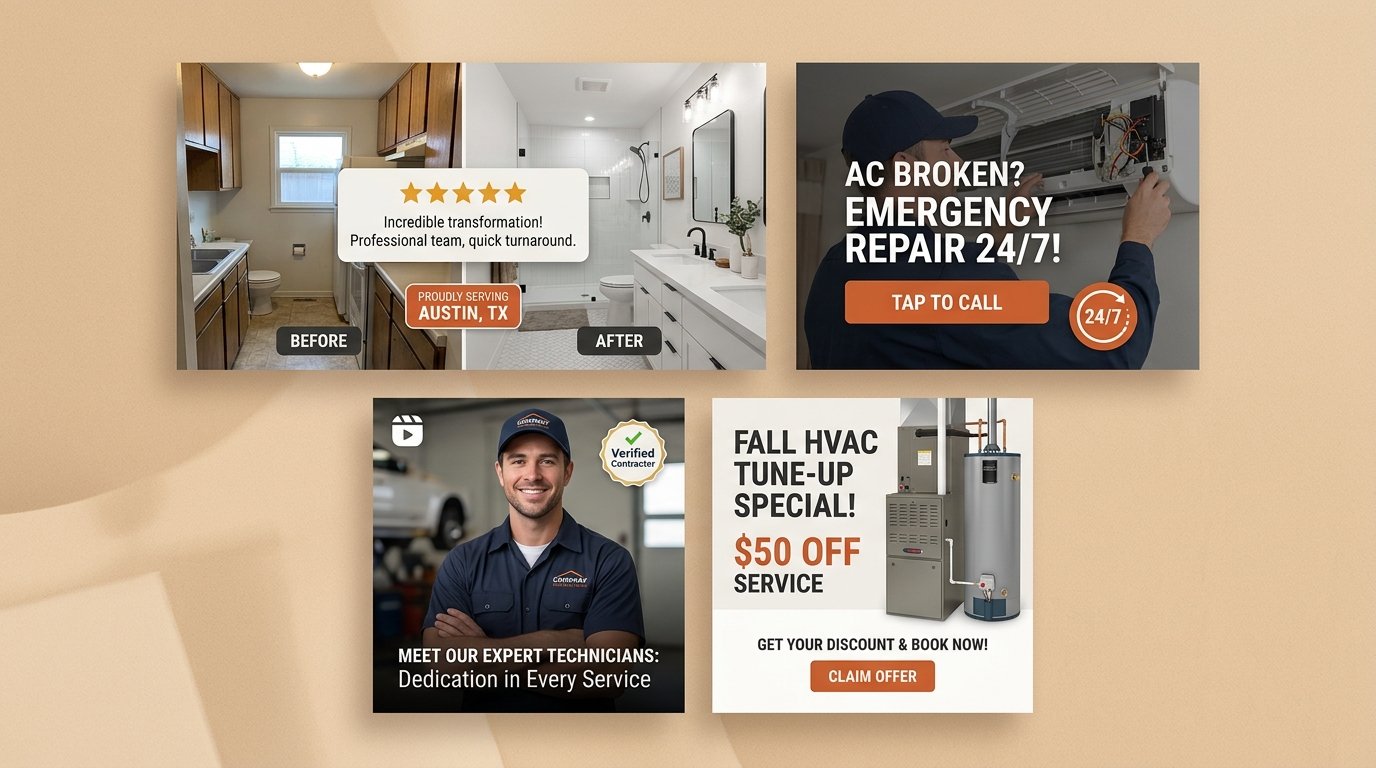 Contractor Social Media Ad Creative Showcase - Before After, Emergency HVAC, Team Spotlight, Seasonal Tune-Up