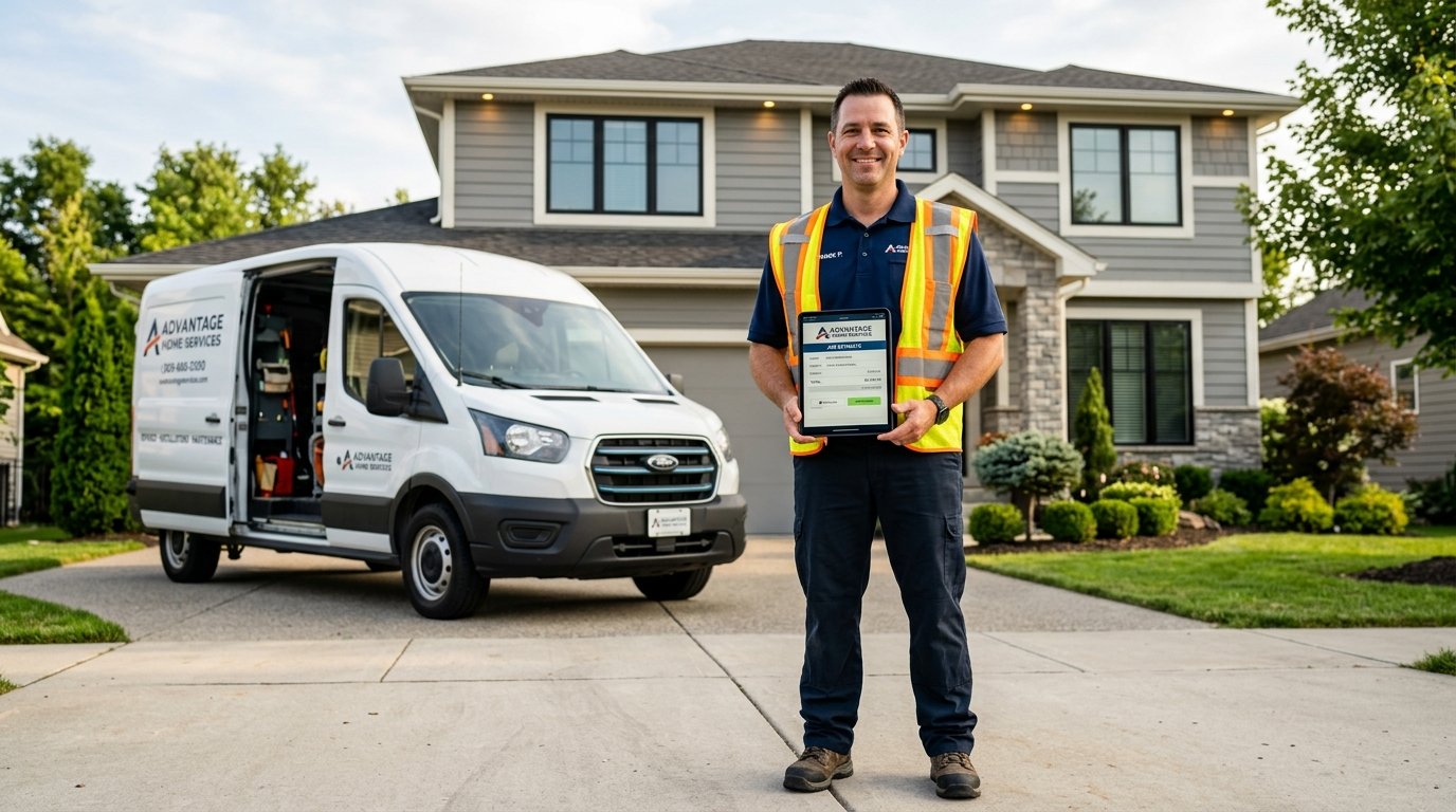 Home service contractor crew standing in front of service van and residential home